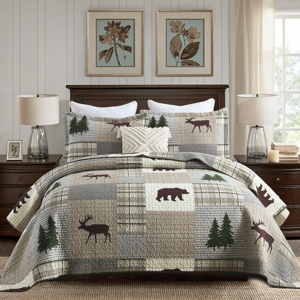 Y-PLWOMEN 100% Cotton Cozy Cabin Lightweight 3-Pieces Quilt Set (Brown/Gray/Dark