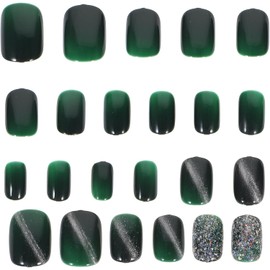 TEHAUX Uas Postizas Cortas Verdes Diseo Cristal Ancho Gato 24 Piezas para Manicura DIY Suministros para Decoracin de Uas Profesionales y Uso en Saln o Casa