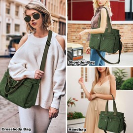 Tokeya Women's Handbag, Corduroy Shoulder Bag, Women's Medium Tote Bag with Multiple Pocket Compartments, Corduroy Crossbody Bag, Women Shopper Shoulder Bag for Work, Office, Travel, Shopping, Green