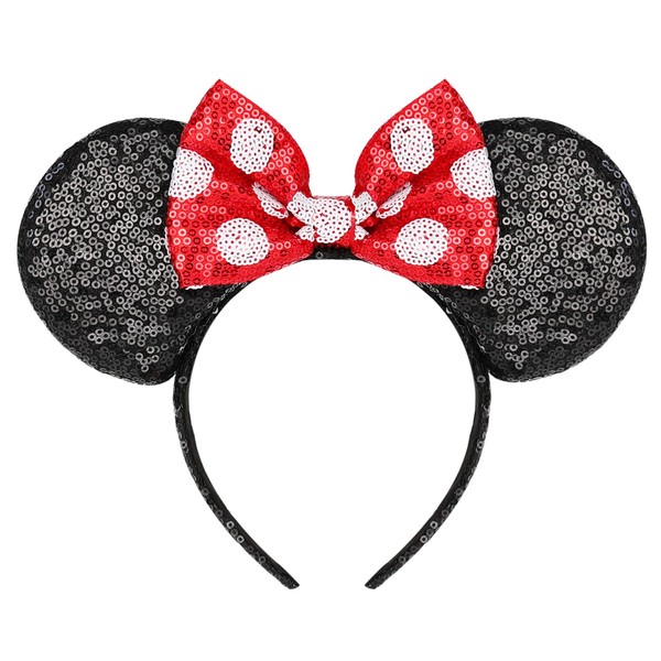 MONGSILER Decoration Mouse Ear Shape Ear Bow Headband,Party For Girls&Women (Red dots)