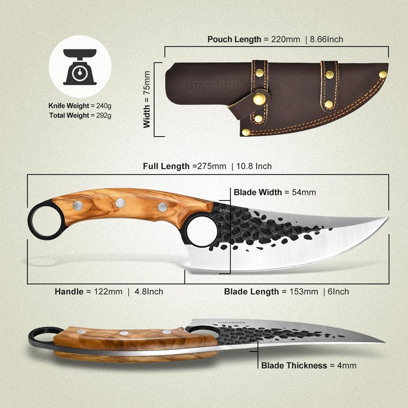 STARFISH 6 Inch Full Tang Forged Viking Chef Knife, 440A