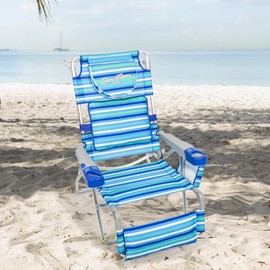 Tommy Bahama 4-Position Face-Opening Read Through Lounger with Ottoman Beach Chair, 35" D x 30.5" W x 41" H, Blue Stripe