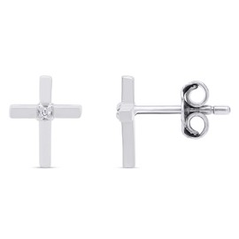 Round Natural White Diamond Cross Stud Earrings For Women's In 14K White Gold Over Sterling Silver, Push Back Earrings Gift For Her