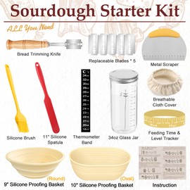 Sourdough Starter kit Bread Baking Supplies,34oz Sourdough Starter Jar, 9 Inch Round + 10 Inch Oval Silicone Bowl,Thermometer,Feeding Time Tracker,Metal Scraper,Durable Complete Sourdough Starter Kit