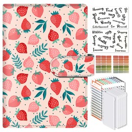 ALKKDPS Budget Binder with Cash Zipper Envelopes, Cute A6 Money Saving Binder, PU Leather Money Organizer, Cash Envelopes and 12 Expense Budget Sheets for Budgeting Cute Strawberries