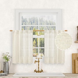 LAMIT Short Linen Kitchen Window Curtains 36 Inch Length, Over Sink Semi Sheer Light Filtering Panels Back Tab and Rod Pocket Drapes for Basement Bathroom Window, 2 Panels, Cream Ivory，34 x 36 Inch