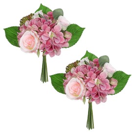 Hollyone 2 Bundles Artificial Hydrangea Bouquet Pink with Fake Roses Flowers Spring Summer Silk Flowers Mixed Bush for Cemetery Grave Party Wedding Floral Arrangements Office Home Decor