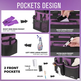 SCAVATA Compact Wearable Cleaning Caddy, Small Cleaning Caddy Supplies Organizer with Handle & Shoulder Straps for Housekeepers, Under Sink & Car Cleaning Tool Organizers Bag (RoyalPurple)