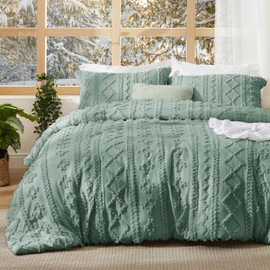 Bedsure Tufted Boho Comforter Set King Size - Green Boho Bed Set, GentleSoft™ 3 Pieces Farmhouse Shabby Chic Embroidery Bedding, Gifts for Woman, Soft Jacquard King Comforter for All Seasons