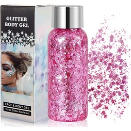 Glitter Face Body Glitter Gel, Mermaid Glitter Make-Up, Festival Glitter Face Gel, Make-Up Carnival Glitter for Festival, Music Festivals, Party, Masquerade, Body/Face/Hair/Lips (Pink)