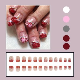 24 Pcs Press on Nails Short Square - MINGCHUN Pink Fake Nails Press ons Nail Art Tip Red Glitter French Heart Design Full Cover Acrylic Nail Kit False Nails Glue on Nail Stick on Nails