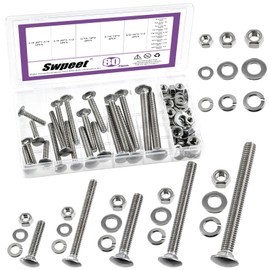 Swpeet 80Pcs 5 Sizes 1/4", 5/16", 3/8", Carriage Bolts Screws Nut Washer Assortment Kit, 304 Stainless Steel Round Head Square Neck Screws, Full Thread Carriage Bolts, Hex Nuts, Flat/Lock Washers