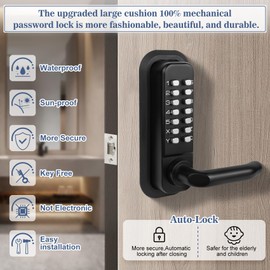Souyou Mechanical Keyless Entry Door Lock with Handle,Stainless Steel Waterproof keyless gate Locks for Outdoor Fence,Mechanical Door Locks with with Keypad (Black,with Large Cushion)