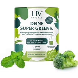 LIV Super Greens | 30 Plant Powder & Extracts | Pre- & Postbiotics, Vitamins, Minerals | With Acerola, Ginseng, Schisandra | Digestion & Strong Immune System | No Added Sugar & Sweeteners