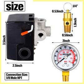 Peryiter 4 Pcs Air Compressor Pressure Switch Control Valve 90-125psi Set, 1/4" Male NPT and 0-200 PSI Pressure Gauge Compressor Gauge for Air Compaction Device Accessory