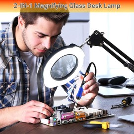 15X Magnifying Glass with Light – Real Glass Lens, 84 LEDs, 5 Color Modes Stepless Dimmable, Adjustable Swing Arm with Clamp and Base, Hands-Free Magnifier for Crafts, Reading, Repair, Close Work