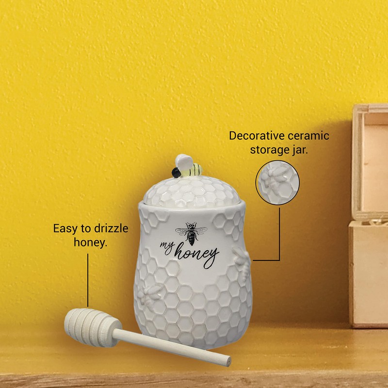 Young's Inc. Ceramic Honey Jar with Wooden Honey Dipper -