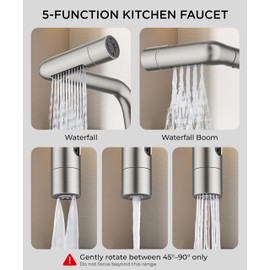 FORIOUS Waterfall Kitchen Faucet with Pull Down Sprayer, 5 Spout Modes Brushed Nickel Stainless Steel Single Handle 360° Swivel Classic Kitchen Sink Faucet with Deck Plate for 1 or 3 Hole for Bar Rv