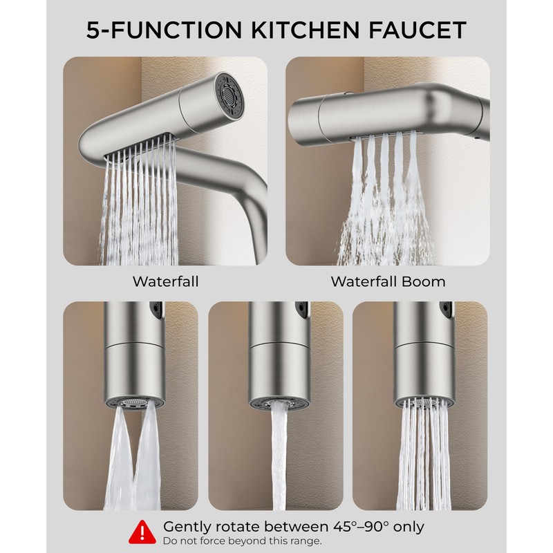 FORIOUS Waterfall Kitchen Faucet with Pull Down Sprayer, 5 Spout