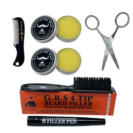 G.B.S Fragrance-Free Extra Strong Hold Mustache Wax, Black Beard Filler Pen, Handmade Pocket Mustache Comb & Precision Trimming Scissors – 3 Piece Set for Styling & Detailing