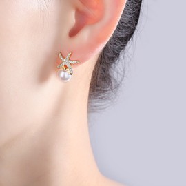 Pearl Earrings for Women Rhinestone Starfish Earrings Asymmetric Sea Beach Animal Earrings Gold Pearl Starfish Shell Stud Earrings Dainty Pearl Jewelry Gift for Women (Style-A)