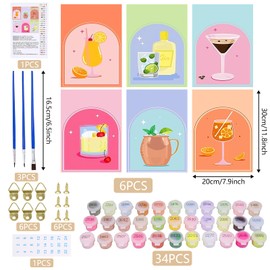Pack of 6 Paint by Numbers Cocktail Paint by Numbers Kit for Adults Beginners with Acrylic Paints and Brushes, DIY Hand Painted Oil Painting Kit for Home Décor, Without Frame (20 x 30 cm)