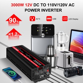 JIGUUN Pure sine Wave Inverter 3000W, 12V to 110V Power Inverter Converter with 4 AC sockets, USB Output and LED Display for RV Camping Emergency Household appliances (3000WPRO)