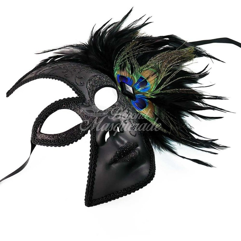 Full-face Feather Masquerade Mask Black