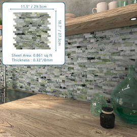SUNWINGS Peel and Stick Mosaic Natural 3D Stone Self Adhesive Tiles, 12" x 11" 5-Sheet Stick on Backsplash for Kitchen Bathroom Fireplace Vanity, Green