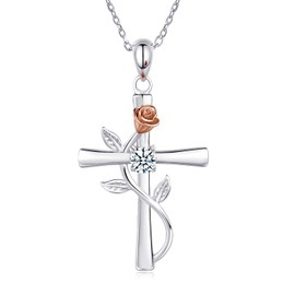 AM ANNIS MUNN Cross Necklace for Women, 925 Sterling Silver Birthstone Necklace for Women Rose Flower Birthstone Jewelry Birthday Gifts for Women