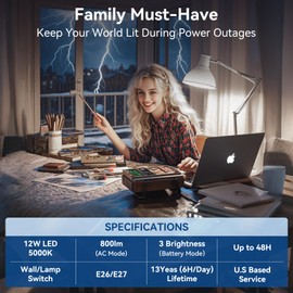 BoRccdit KeepLit 6PK A19 Emergency Rechargeable Light Bulbs, 48H Light Up & 3 Brightness Emergency Power Outage Light Bulbs,12W Battery Backup Emergency Lights for Power Failure, Hurricane (Daylight)