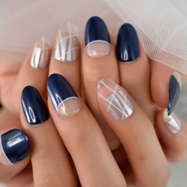 iMABC Press on Nails Black Blue Tips Fake Nail |UV Short Almond-shaped Glitter Sliver White False Nails Design | Glue Acrylic Decoration Manicure Gift for Girls Women Wear 24Pcs