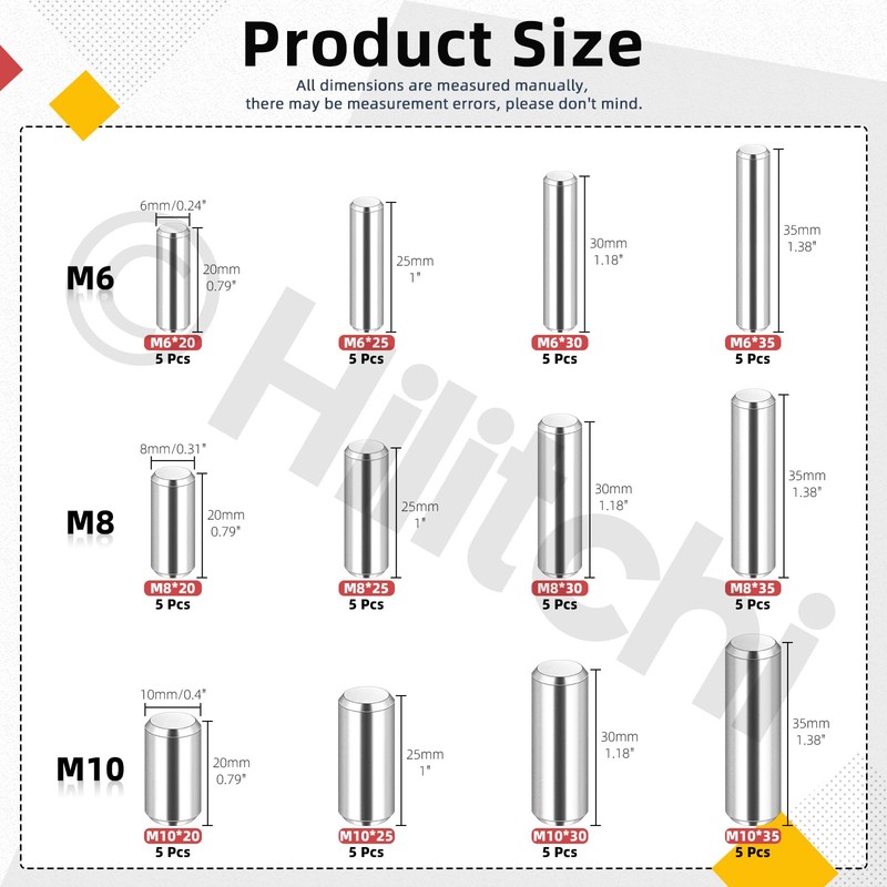 Hilitchi 60PCS Dowel Pin M6 M8 M10 304 Stainless Steel