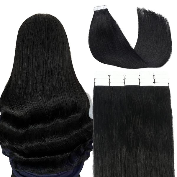 VINBAO Tape in Remy Real Hair Extensions Invisible Color Jet Black 16 Inch Double Weft Tape in Extensions 20Pcs 50 Gram Human Hair Tape in For Women (#1-16Inch)