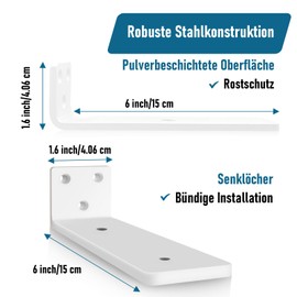 Pack of 2 Shelf Brackets, Shelf Brackets, 20 cm, Heavy Duty L Shelf Bracket with Mounting Screws for Living Room, Office, Kitchen, Load Capacity 75 kg (White) 6 Inches