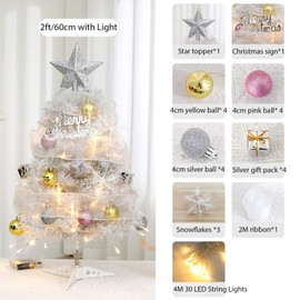 Mini Tabletop Silver Christmas Tree with Lights, 45cm/60cm DIY Artificial Small Christmas Pine Tree with PVC Branch, Star Topper, Warm LED Light & Plastic Stand for Indoor Outdoor (60cm+Light)