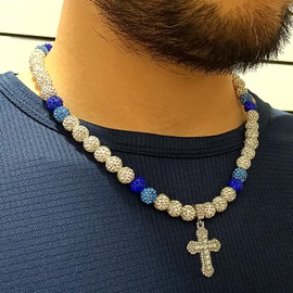 Baseball Necklace for Men Boys 18 Inch Ice Collection Cross Pendant Necklace for Women Rhinestone Clay Beaded Discoball Baseball Accessories for Baseball Team Players Lovers-White/Blue/Navy Blue
