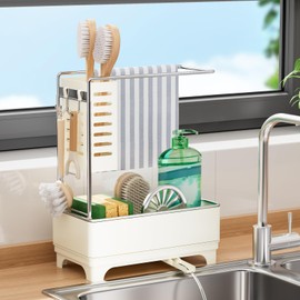 Kitchen Sink Caddy, Sponge Holder for Kitchen Sink with Brush Holder & Dishcloth Rack, Rustproof Sink Organizer Countertop, Kitchen Organizers Storage Essentials, White