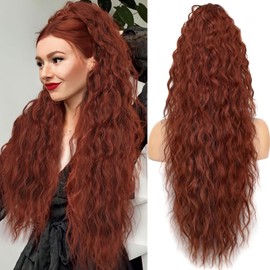 PORSMEER Women's Ponytail with Clip, Long Wavy Curly Hairpiece Braid Hair Extension Claw Clip in Hairpiece Ponytail for Women 75 cm (Auburn)