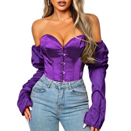 Kaei&Shi Long Sleeve Corset Tops,Off The Shoulder Overbust Corsets Top,Women Strapless Renaissance Costume Purple Small