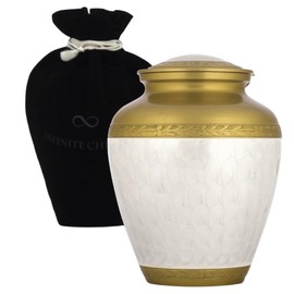 Large White Mother of Pearl Urn for Ashes Adult Female, Brass Metal Cremation Urn for Human Ashes, Gold Plating, 200 Cubic in. Memorial Funeral Urn for Burial, Velvet Urn Bag, Anti Scratch Felt Bottom