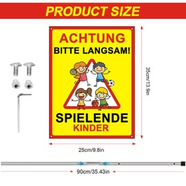 Aluminium Warning Children's Sign, With Screws and Hex Key, Please Slow Drive Sign with Posts Reflective, for Outdoor Indoor Use (35 × 25 cm) (Yellow)