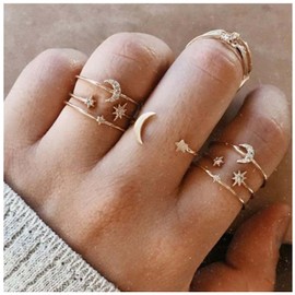 Yheakne Boho Rings Set Moon Star Knuckle Rings Stacking Crystal CZ Midi Finger Rings Stylish Joint Rings Set Accessories for Women and Girls Gifts (Style A)
