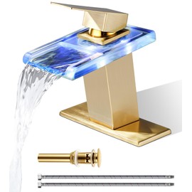 BATH FAMOLI LED Bathroom Sink Faucet, Brushed Gold Single Hole Vanity Faucets for 1 Hole Sinks,Pop Up Drain Included. (Short, Brushed Gold)