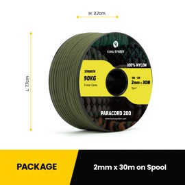 Kamu Synber Paracord 2mm 3 Strands 30M 100% Nylon Rope Type I Parachute Cord for Craft, Outdoor, DIY, Camping | Support 90kg | Army Green