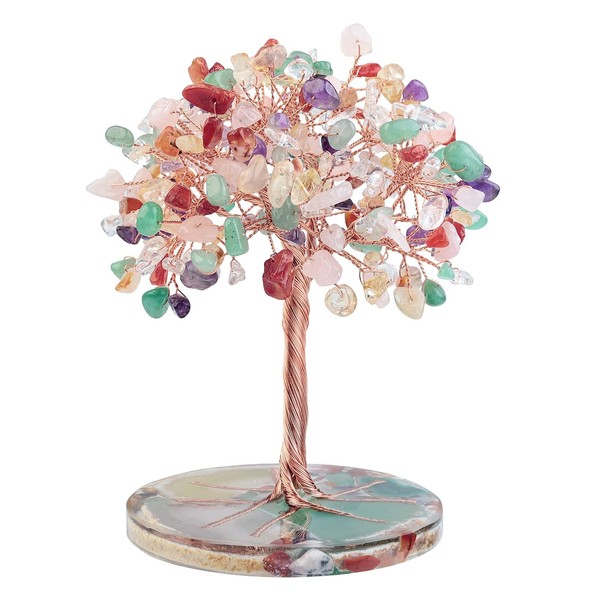 Nupuyai 7 Chakra Crystal Stone Money Tree Wrapped on Round Orgone Agate Slices Base, Tree of Life Crystal Bonsai Feng Shui Figurine Decor for Wealth and Luck 4.7-5.5 Inches