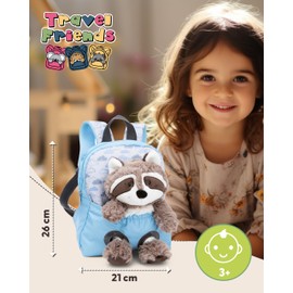 NICI Children's Backpack Blue 2 in 1 with Cuddly Toy Raccoon 25 cm - Nursery Backpack Girls & Boys - Soft Back Area & Adjustable Straps - 49844