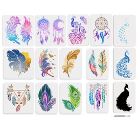 MAYJOYDIY 15 Elegant Peacock Stencils Feather Dream Catcher Painting Stencil 30 x 30/29.7 x 21 cm Reusable Drawing Template with Brush for Crafts on Windows Wooden Walls and Home Decoration