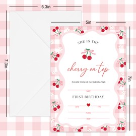 Whaline 25 Pack Pink Bow Cherries Party Invitations Cherry Birthday Invitation Paper Cards Cherry on Top Invites with Envelopes Stickers for Party Supplies