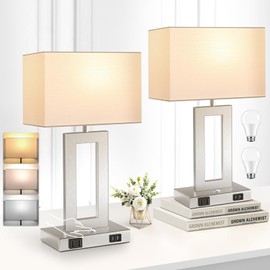 3 Color Temperatures Touch Control Table Lamps Set of 2, Stepless Dimmable Bedside Lamps with 2 USB Ports&AC Outlet, Modern Nightstand Lamps for Bedroom Living Room, Bulbs Included, Silver&White